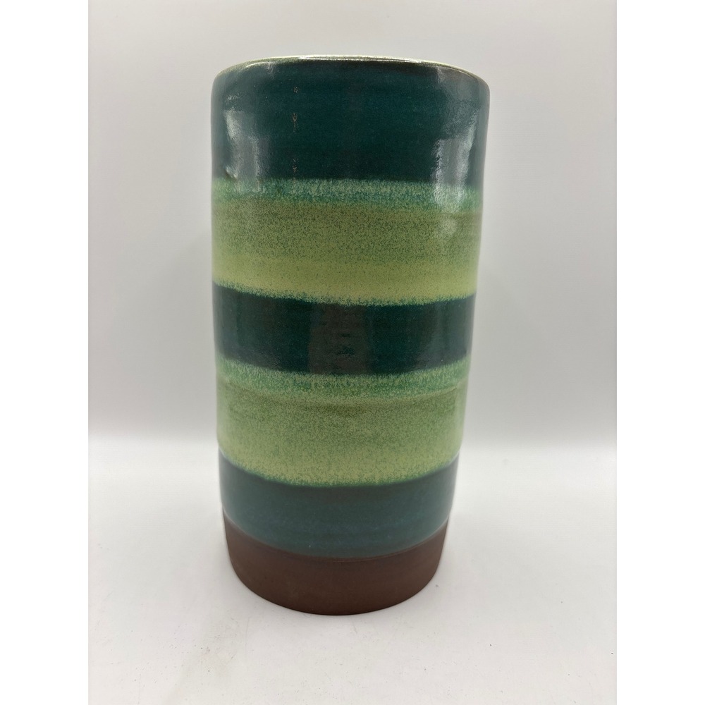 Phyllis Studio Pottery Cylinder Vase Green Teal Striped Handcrafted 2021 7.25in
